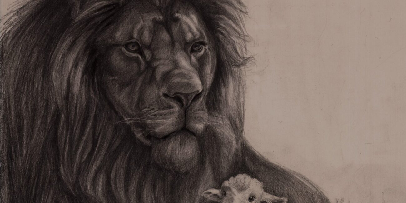 Lion and the Lamb Graphite Drawing by E. Movileanu | Christian Art