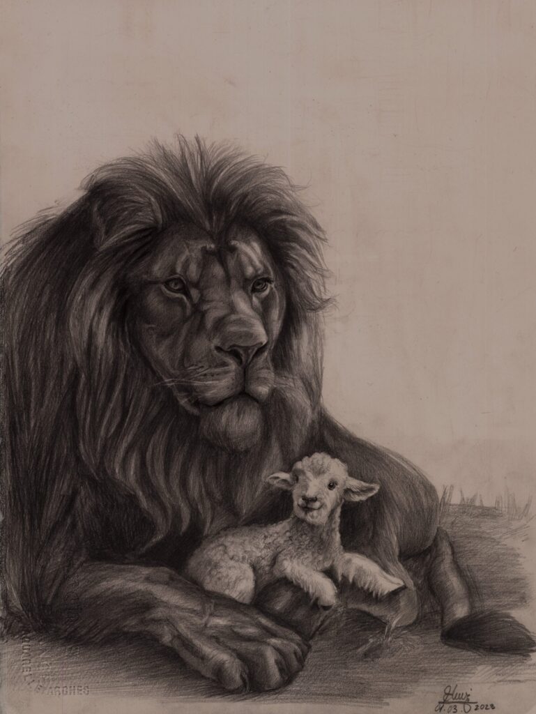 Lion and the Lamb Graphite Drawing by E. Movileanu | Christian Art