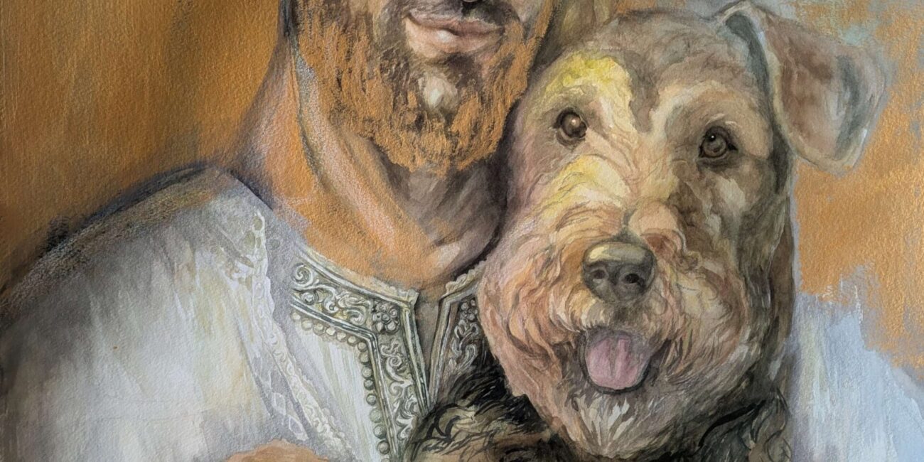 Jesus portrait with a pet- watercolor painting by E. Movileanu