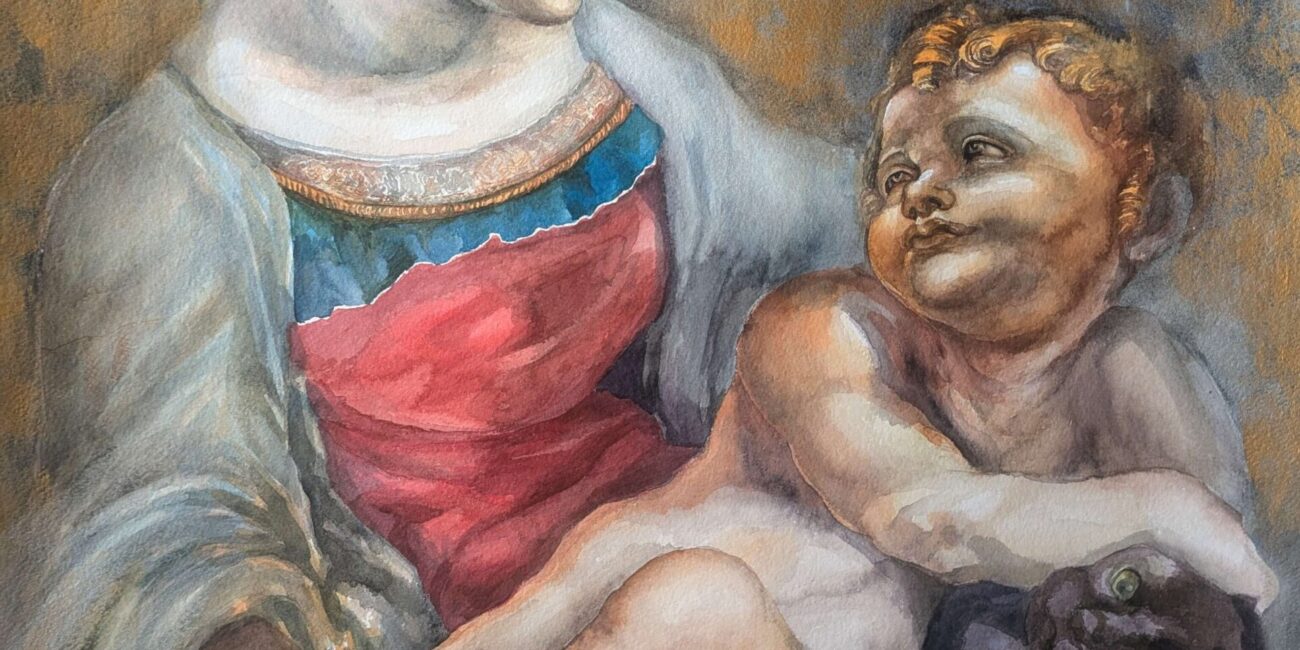 Study after Leonardo's Madonna with the Cat by E. Movileanu | Watercolor Painting