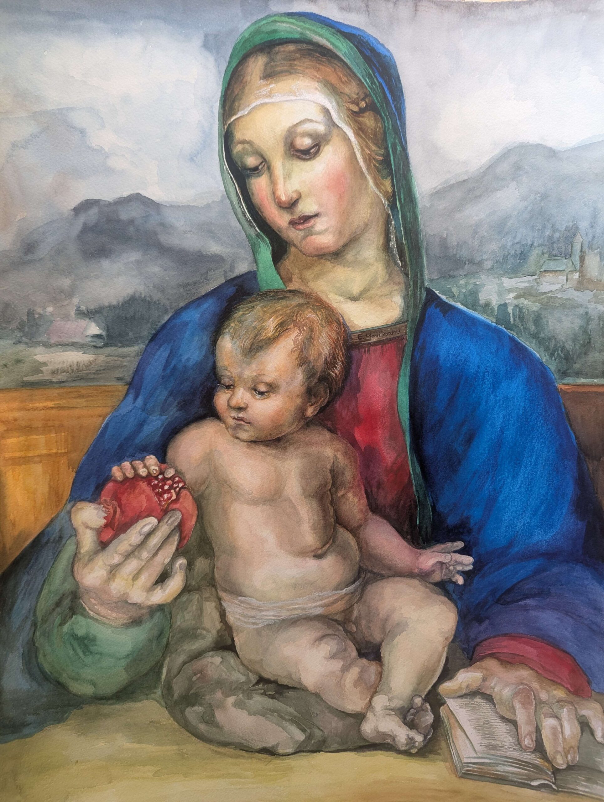 Estudo baseado na obra *Madonna com a Romã*, de Rafael, por E. Movileanu. *Madonna com a Romã* é um esboço inacabado de Rafael. Inspirado nesse esboço, E. Movileanu criou esta aquarela deslumbrante.